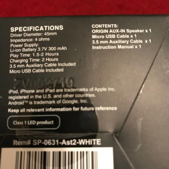 BASS JAXX ORIGIN AUX-IN SPEAKER, MULTI COLORS BLUE,/RED/GREEN AUXILLARY CABLE - Picture 3 of 3